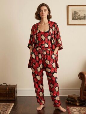 VTG Y2K 3 Piece 100% Silk Pajama Lounge Set Red Tulip Floral Robe Cami Pants